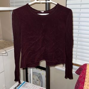Aritzia Wilfred burgundy cropped open-back top with silk body and rayon sleeves